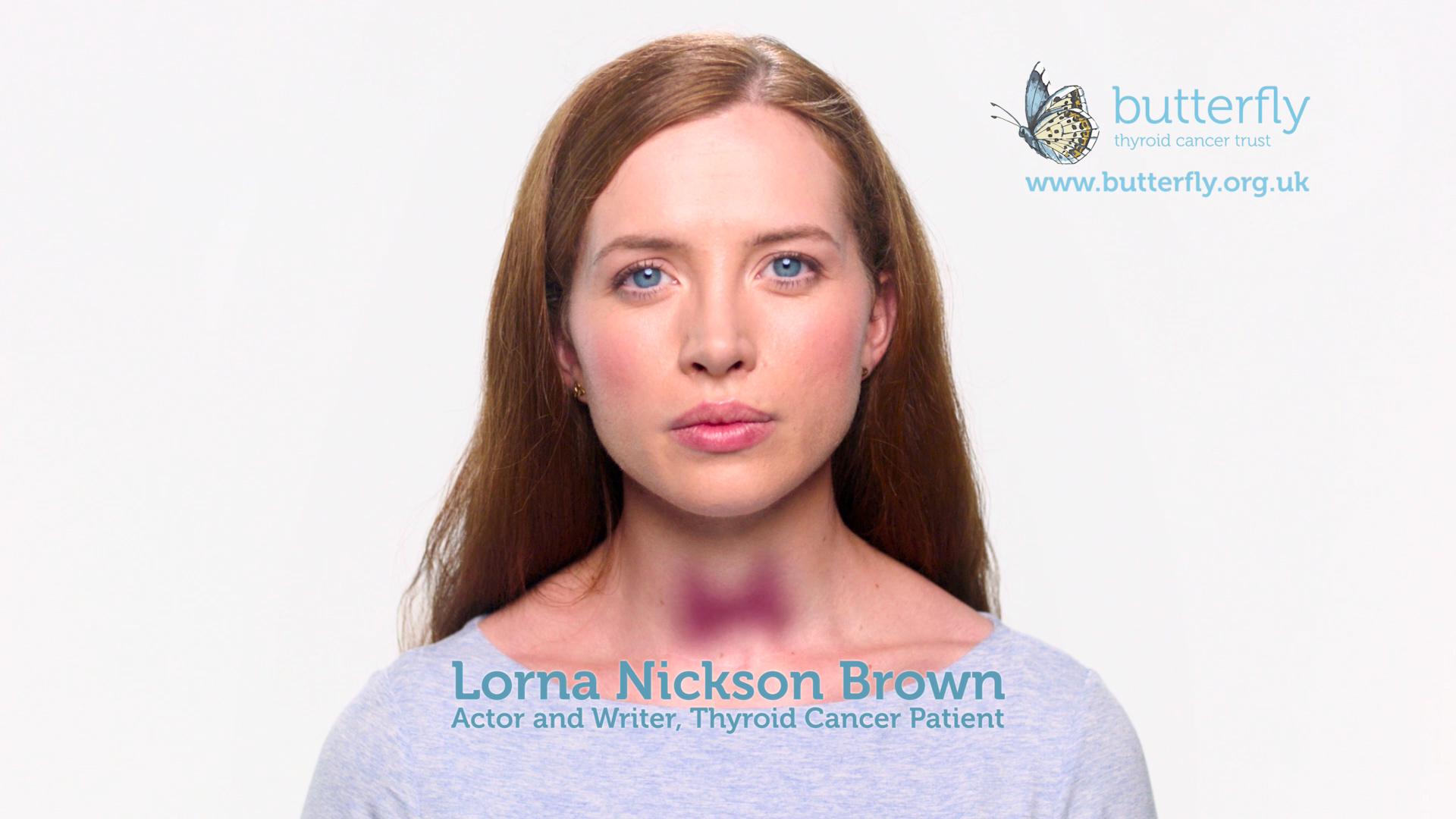 A frame from an awareness raising healthcare charity television advert for Butterfly Thyroid Cancer Trust.