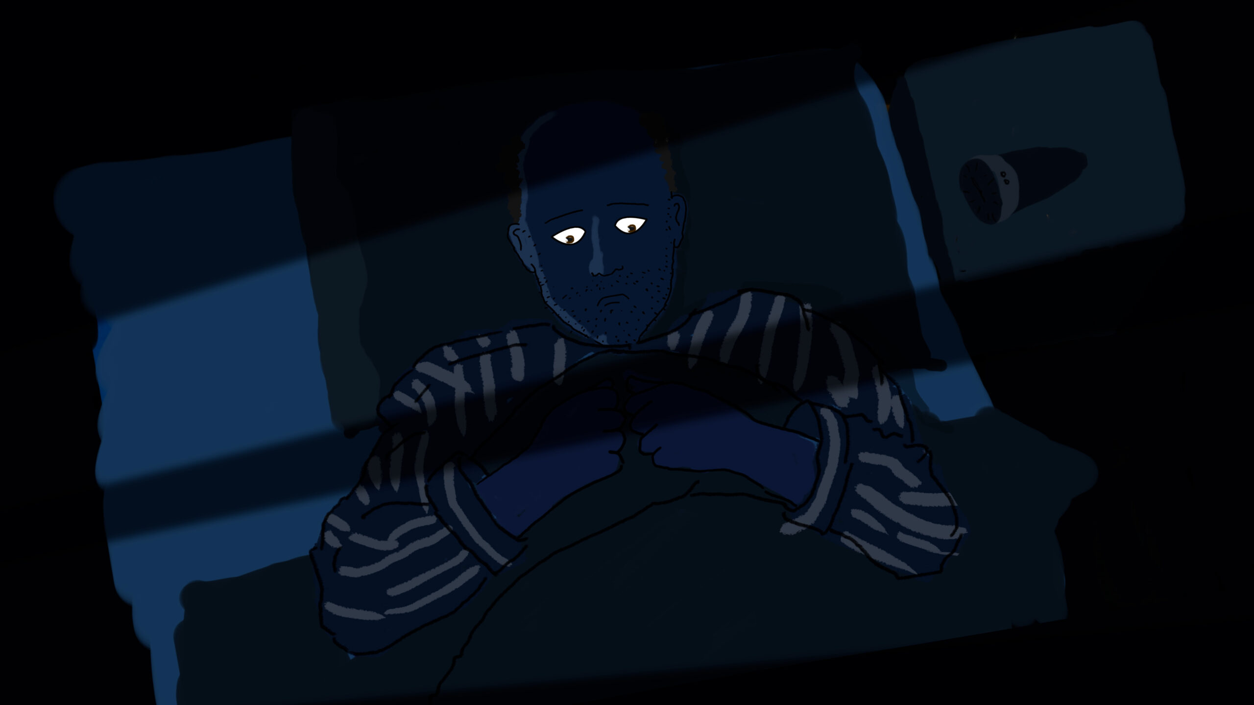 2D character animation of a man in bed. From a medical explainer video.